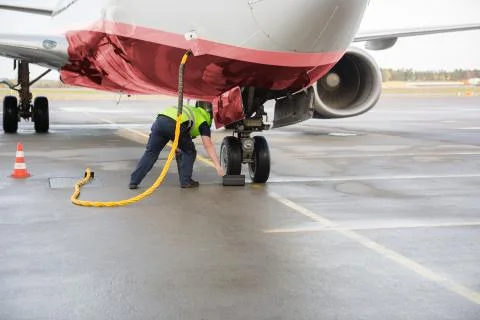 Worker Adjusting Chock By Airplane Wheels While Charging It Stock Photos