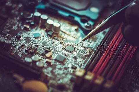 Worker adjusts circuit board 스톡 사진