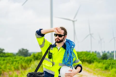 Worker adjusts sunglasses while carrying safety helmet and rope near wind t.. Stock Photos