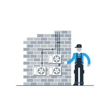 Worker with air coditioners on the brik wall Ilustração Stock