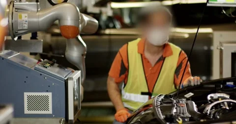 Worker and Cobot at Car Engine Bay, Automotive Assembly Line, Medium Shot Stock-Footage 340302764