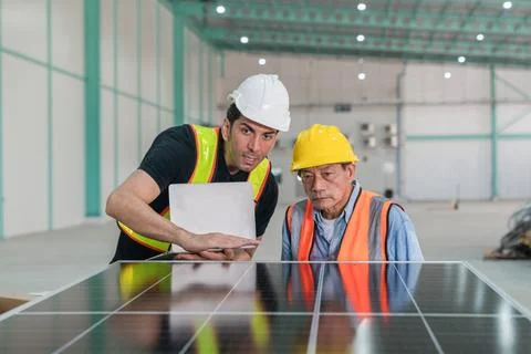 Worker and engineer working together on solar panel in the factory. Foto stock