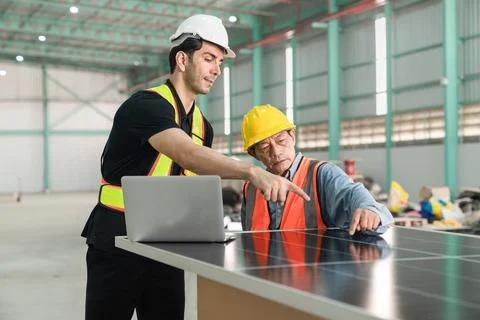 Worker and engineer working together on solar panel in the factory. Foto stock