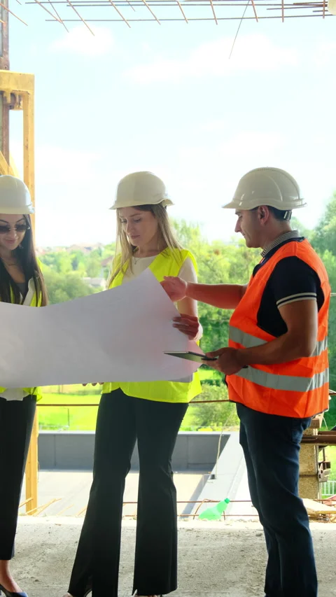 Worker and engineers discuss blueprint against crane Stock Footage 317624734