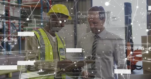 Worker and manager reviewing clipboard pointing racks as data overlay tracking Stock Footage 334183112