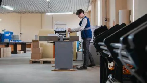 Worker and printing machine, polygraph industry Stock Photos