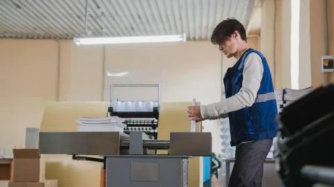 Worker and printing machine, polygraph industry - close up Stock Photos