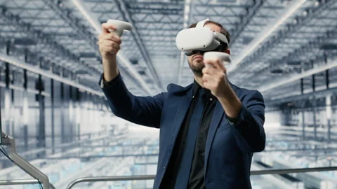 Worker and woman using virtual reality simulation, monitoring semiconductors Stock Footage 333387664