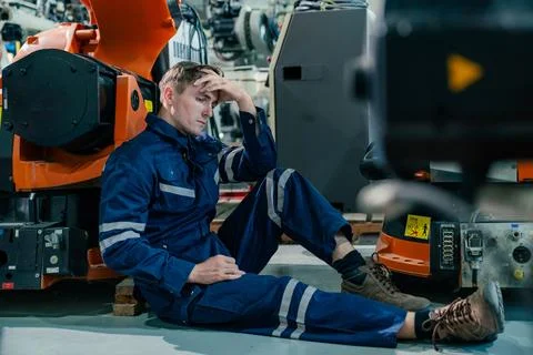 Worker appears stressed while sitting near industrial robots in a manufactu.. Stock Photos