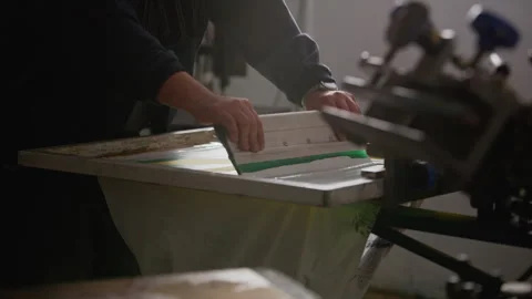 Worker Applying Ink with Squeegee on Printing Press Video stock 333164109