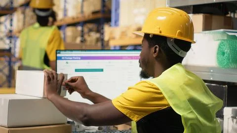 Worker applying labels and scanning tracking info numbers on barcodes tags Foto stock