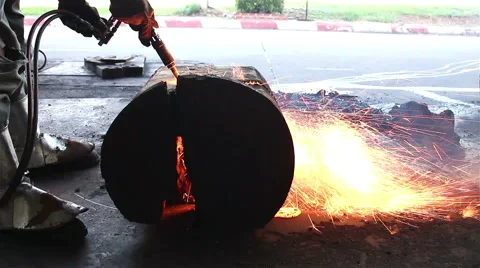 Worker are cutting steel, Background of Industry steel, Sparkles and light gas c Stock Footage 59961344