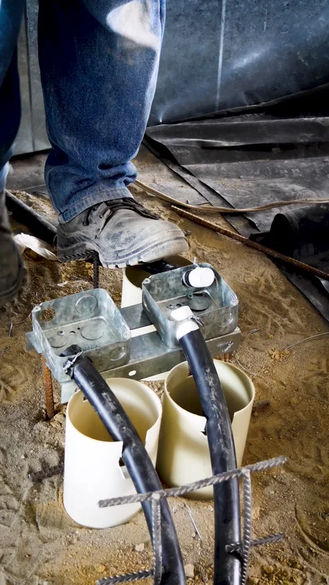 Worker Arranging Electrical Conduits Before Concrete Pouring Stock Footage 346799270