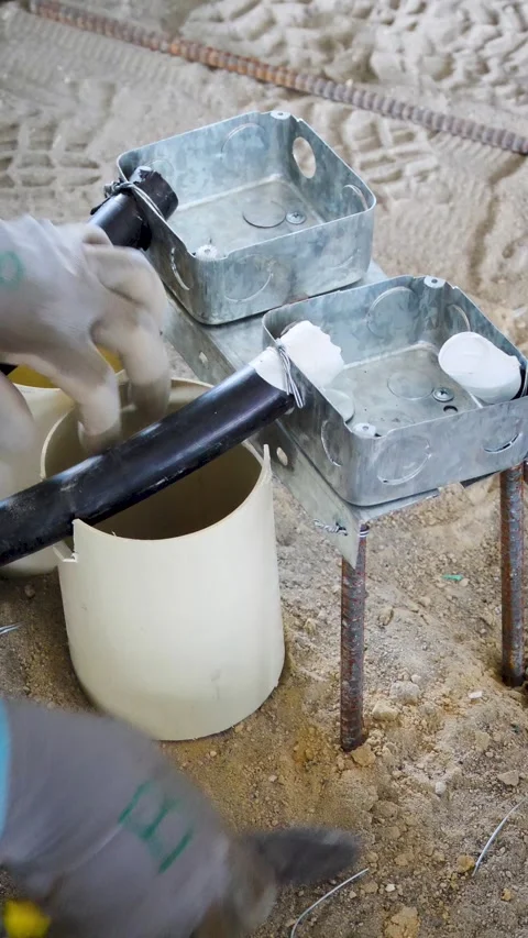 Worker Arranging Electrical Conduits Before Concrete Pouring Stock Footage 346799285