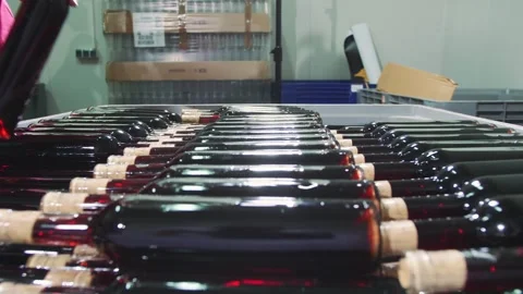 Worker arranging wine bottles in container at indoor packing facility Video stock 340638410