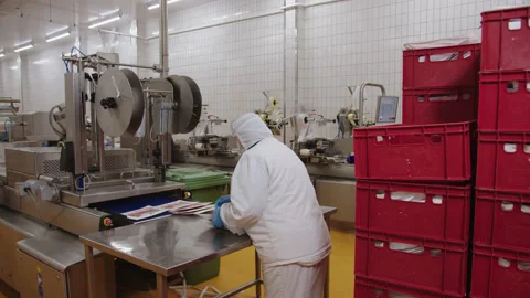 Worker assembles packages of sliced bacon at production line Stock Footage 205488642