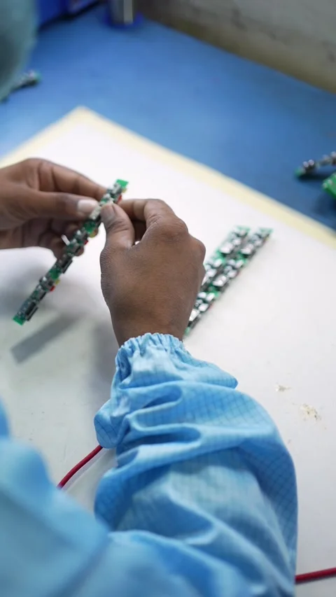 Worker Assembling Electronic Circuit Boards in Noida Facility Stock Footage 345809453