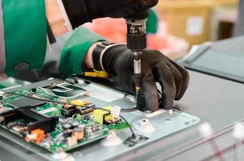 Worker assembling electronic components in a television manufacturing plant Stock Photos