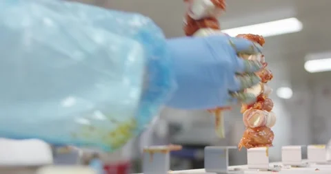 Worker assembling marinated meat skewers in food production room, Static Shot Vídeo Stock 340032592