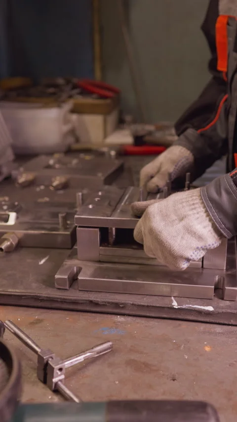 Worker Assembling Metal Parts in Workshop Stock Footage 316982907