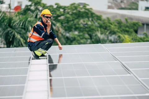 Worker assesses solar panels on rooftop during sunny day while wearing safe.. Stock Photos