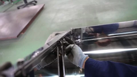 Worker attaching hinge lever mechanism to stainless steel bin lid on workbench Stock Footage 344247636