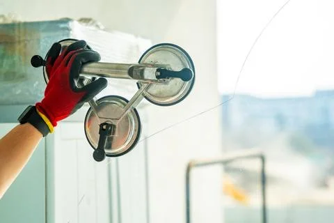 Worker attaching suction cup lifters to cracked window glass before removal from Stock Photos