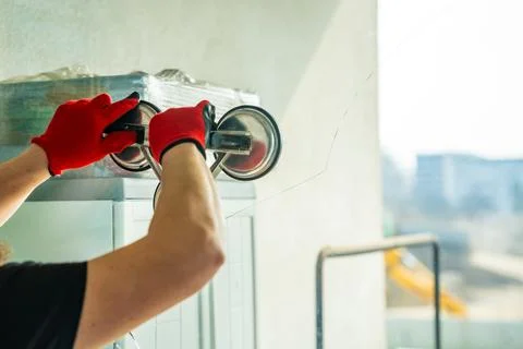 Worker attaching suction cup lifters to cracked window glass before removal from Stock Photos