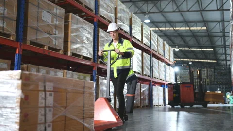 Worker in auto parts warehouse use a handcart to work to bring the box Stock Footage 255278601