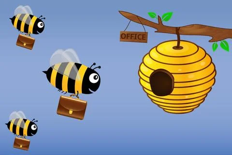 Worker bees with briefcases fly to work in the office Stock Illustration