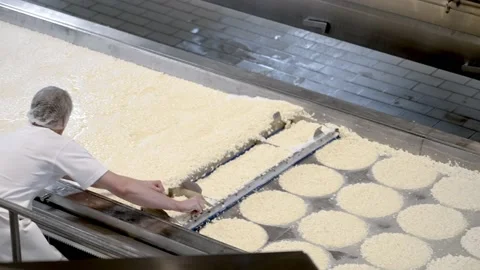 Worker on Big Factory Making Cheese. Cheesemaking Industry. 스톡 동영상 197539560