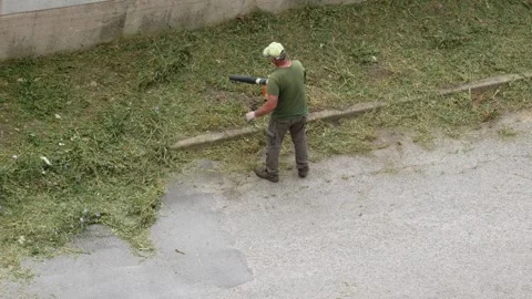 A worker blows the grass scattered on the streets Stock-Footage 245021197