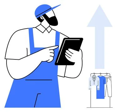 Worker in blue overalls and cap using tablet, pointing up with an arrow symbo Stock Illustration