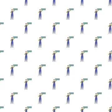 Worker in blue overalls holding speech bubble pattern Ilustración de archivo