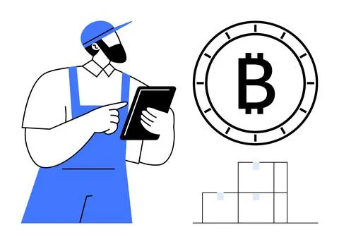 Worker in blue overalls using tablet near Bitcoin symbol and stacked boxes,.. Stock Illustration