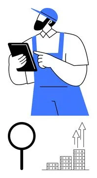 Worker in blue overalls using tablet, magnifying glass symbolizing search, ri イラスト素材