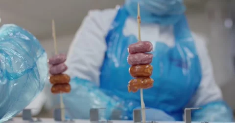 Worker in blue protective clothing placing raw sausages on wooden skewers in a Stock Footage 339958429