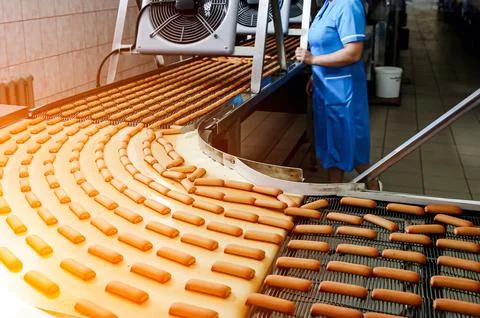 A worker in a blue uniform monitors a continuous cookie production line, as f Stock Photos