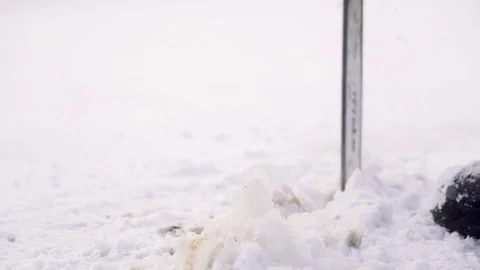 Worker in boots cut ice of frozen lake by chainsaw Stockbeeldmateriaal 72767949