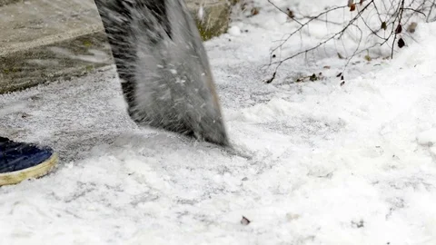 Worker breaking, cleaning the ice with a shovel Stock Footage 99496183