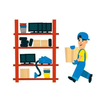 Worker Bringing Box To Store On The Shelf Stock Illustration