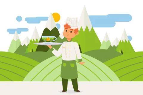 Worker brought hot herbal drink, green tea vector illustration. Man in tunic and イラスト素材