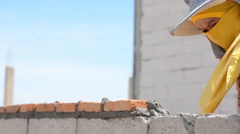 Worker build brick wall Stock Footage 53250271