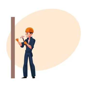 Worker, builder in helmet, overalls hammering nails into the wall Stock Illustration