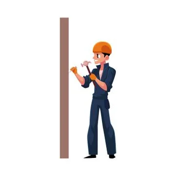 Worker, builder in helmet, overalls hammering nails into the wall Stock Illustration