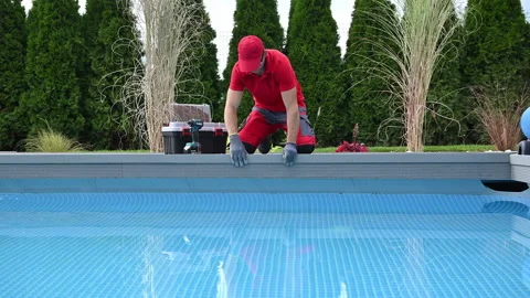 Worker Building Composite Poolside Deck Stock Footage 275745420