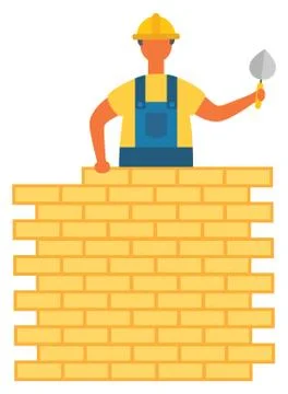 Worker on Building Construction, Bricks and Wall Ilustración de archivo