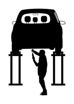 Worker in car service checking vehicle vector silhouette Stock Illustration