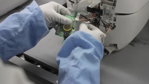 Worker carefully installing PCB control board with piezo buzzer element into Stock Footage 334964992