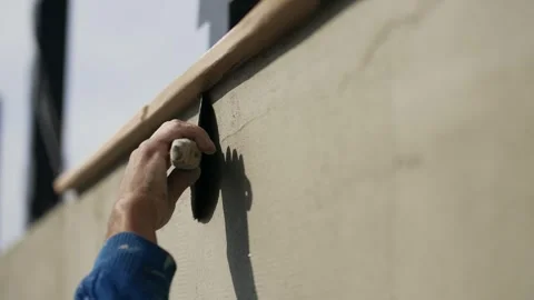 Worker carefully plastering a concrete wall at a construction site Video stock 304353642